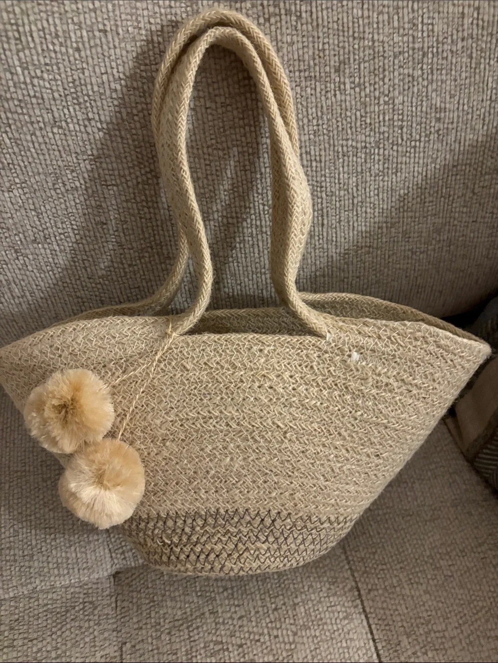 Neutral Beige Woven Tote Bag with Pom-Pom Accents